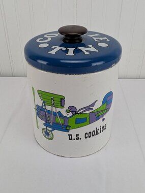 Vintage Ransburg Cookie Jar Tin U.S. Cookies Metal Lid Biplane Retro Airplane